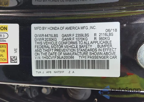 2018 Honda Accord Sport из США, поврежденный, VIN 1HGCV1F36JA200366